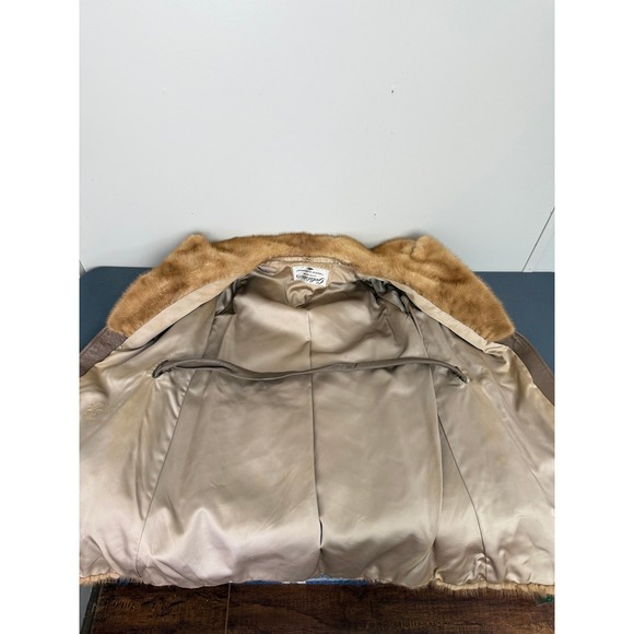 Vintage Goldstein's Fur Leather Coat Women Mink Chevron Belted Brown Cream - Picture 6 of 8